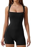 QINSEN Woman's Sexy Square Neck Sleeveless Top Racerback One Piece Shorts Jumpsuit Black S