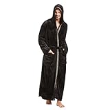 FashGudim Men's Hooded Plush Robe with Black Trim Full Length Plush Long Robe for Men Big and Tall Warm Fleece Bathrobes House Robes (Black & Black Trim, XXL)