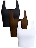 OQQ Women's 3 Piece Tank Shirt Ribbed Seamless Workout Exercise Yoga Crop, Black Coffee White, Medium