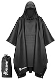 PTEROMY Hooded Rain Poncho for Adult with Pocket, Waterproof Lightweight Unisex Raincoat for Hiking Camping Emergency (Black)