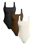 OQQ Women's 3 Piece Yoga Ribbed One Sleeveless Tummy Control Top BodySuit, Black Coffee Beige, Large