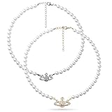 2PCS Saturn Artificial Rhinestone Pearl Necklace Set White Crystal Jewelry Lady Charm Lady Girlfriend Wedding Birthday Anniversary