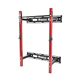Signature Fitness 3” x 3” Wall Mounted Fold-in Power Cage Squat Rack with Adjustable Pull Up Bar and J Hooks - Space-Saving Home Gym, Red