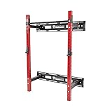 Signature Fitness 3” x 3” Wall Mounted Fold-in Power Cage Squat Rack with Adjustable Pull Up Bar and J Hooks - Space-Saving Home Gym, Red