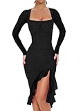 BORIFLORS Women's Sexy Ruched Bodycon Midi Dresses Elegant Mesh Long Sleeve Square Neck Ruffle Hem Cocktail Party Dress, Medium, Black