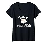 Womens Tea and Cross Stitch with Cute Kawaii Teacup V-Neck T-Shirt