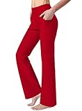 Keolorn Women's Bootcut Yoga Pants with Pockets High Waist Bootleg Yoga Workout Pants for Women(Poinsettia,Large)
