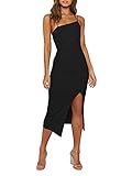 LYANER Women's Spaghetti Straps Split Slit Hem Sleeveless Zipper Bodycon Midi Dress Black Small