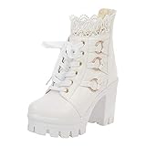 Fullwei Dressy Boots for Women,Women Round Toe Lace PU Leather Boot Ladies Cute Lace up Chunky Block Heel Slip On Boot Causal Walking Dress Shoe (White, 6)