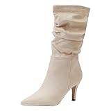 JEUROT Mid Calf Boots for Women Pointed Toe Pull on Boots Stiletto Heels Suede Ankle Boots Wide Calf Slouchy Boot Sexy Dress Booties Fall Winter Dressy Casual Lady Shoes (Beige, 8.5)
