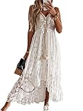 CUPSHE Womens Summer Slip Boho Maxi Dress Lace Up Tassel V-Neck Flare Ruffle Beach Dresses White Medium