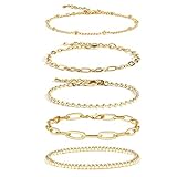 CONRAN KREMIX Gold Chain Bracelet Sets for Women Girls 14K Gold Plated Dainty Link Paperclip Bracelets Stake Adjustable Layered Gold Bracelet for Women Trendy Gold Jewelry For Women