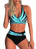 SEAFORM Womens Two Piece Swimsuits Wrap Front Bikini High Waisted Bottom Tummy Control Bathing Suits Vintage Print Swimwear Blue Stripes