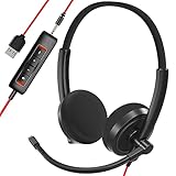 HROEENOI USB Headset, Black Noise Cancelling Headphones with Microphone, PC Headset Wired for Computer/Mac/Laptop, with USB+3.5mm Jack, in-line Controls for Office Home Business