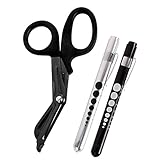 MediTac Titanium-Bonded EMT Trauma Shears – 7 ¼” Black Medical Bandage Scissors with LED Pen Light Two Pack (Black & Silver)