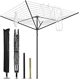 Nisorpa Outdoor Umbrella Drying Rack 12 Lines with 165 Feet Umbrella Clothesline Rotary Dryers Clothes Line 4 Arms Adjustable Height Foldable Retracting Collapsible Clothes Drying Rack for Backyard