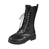 JEUROT Women Lace Up Combat Military Boots Round Toe Lug Sole Chunky Low Heel Booties Side Zipper Mid Calf Biker Riding Boots Comfortable Walking Shoes (Black, 7.5)