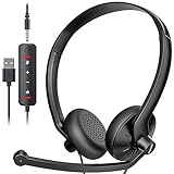FEABASK USB Headset with Microphone for PC Laptop - Wired Computer Headphones with Noise Cancelling Microphone for Home Office Online Class Skype Zoom Meetings Conference Calls,in Line Mute Controls
