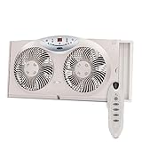 BIONAIRE Premium Digital 8.5' Twin Window Fan, Reversible Airflow Control, 3 Speeds, Programmable Thermostat, LED Temperature Display, Built-In & Additional Extender Panels, Remote Control, Light Grey