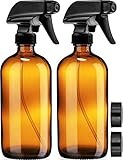 Empty Amber Glass Spray Bottles - 2 Pack - Each Large 16oz Refillable Bottle is Great for Essential Oils, Plants, Cleaning Solutions, Hair Mister - Durable Nozzle w/ Fine Mist and Stream Setting