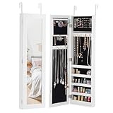 LOKO Mirrored Jewelry Armoire, Wall/Door Mounted Jewelry Cabinet with Full-Length Mirror, Cosmetics Storage Organizer with 16 Necklace & Bracelet Hooks, 2 Earring Shelves, 60 Ring Slots, White