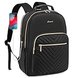 LOVEVOOK Laptop Backpack Purse for Women, Work Business Travel Computer Bags, College Nurse Backpack for Womens, Quilted Casual Daypack with USB Port, Fit 15.6 Inch Laptop, Black