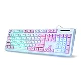 HUO JI Gaming Keyboard USB Wired with Rainbow LED Backlit, Quiet Floating Keys, Mechanical Feeling, Spill Resistant, Ergonomic for Xbox, PS Series, Desktop, Computer, PC, Blue Purple