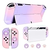 DLseego Protective Case Design for Nintendo Switch OLED Joy-Con Controllers New Model 2021 with Glass Screen Protector and 4 Cute Thumb Grip Caps, Anti-Scratch Touch Grip Cover – Pink & Purple