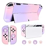 DLseego Protective Case Design for Nintendo Switch OLED Joy-Con Controllers New Model 2021 with Glass Screen Protector and 4 Cute Thumb Grip Caps, Anti-Scratch Touch Grip Cover – Pink & Purple