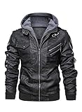 HOOD CREW Men’s Casual Stand Collar PU Faux Leather Zip-Up Motorcycle Bomber Jacket With a Removable Hood