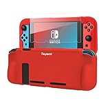 Teyomi Protective Silicone Case for Nintendo Switch, Grip Cover with Tempered Glass Screen Protector, 2 Storage Slots for Game Cards, Shock-Absorption & Anti-Scratch (Red)