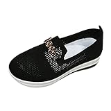 Round Toe Platform Sports Shoes for Women Sole Casual Breathable Mesh Sneakers with Fashion Metal Buckle Decorate Black, 7
