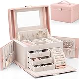 Vlando Jewelry Box Organizer for Girls Women, Large Baroque Jewelry Holder Organizer with Mirror, 3 Drawers for Bracelets, Earrings, Rings, Necklaces, Mothers Day for Loved One, Pink