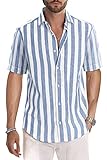 JMIERR Men's Summer Casual Stylish Short Sleeve Button-Up Shirts Cotton Linen Vertical Striped Business Dress Shirts Beach Cruise Shirt Resort Wear Old Money Aesthetic Clothes, US 43(L), Sky Blue