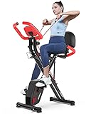 pooboo Folding Exercise Bike, Foldable Fitness Stationary Bike Machine, Upright Indoor Cycling Bike, 4-in-1 Magnetic X-Bike with 8-Level Adjustable Resistance, Bottle Holder, Arm Resistance Bands, Pulse Sensor & Back Support Cushion for Home Gym Workout (red)