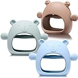 Chumia 3 Pack Baby Teether Teething Toys for Babies 0-6 Months Baby Teething Toy Silicone Anti Dropping Infant Hand Teether Pacifiers Wrist Hand Chew Toys for Sucking Needs (Blue, Caramel, Green)