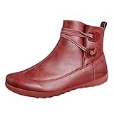 Fullwei Cowboy Booties for Women,Women Vintage Winter Round Toe Western Comba-t Ankle Boot PU Leather Waterproof Flat Ladies Casual Motorcycle Riding Boot Walking Slip On Shoe (Red, 9)