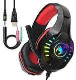SVYHUOK Pro Gaming Headset for PC PS4 Xbox One Surround Sound Over-Ear Headphones with Mic LED Light Bass Surround Soft Memory Earmuffs for Computer Laptop Switch Games Kid’s Boy’s Teen’s Gifts