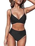CUPSHE Women's Bikini Sets Two Piece Swimsuit High Waisted V Neck Twist Front Adjustable Spaghetti Straps Bathing Suit, M Black