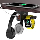 cozoo Headphone Stand with USB Charger Under Desk Headset Holder Mount with 3 Port USB Charging Station and iWatch Stand Smart Watch Charging Dock Dual Earphone Hanger Hook,UL Tested