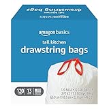 Amazon Basics Tall Kitchen Drawstring Trash Bags, 13 Gallon, Unscented, 120 Count (Previously Solimo)