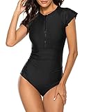 Wolddress Women Modest One Piece Bathing Suit Short Sleeve Tummy Control Swimsuit Zipper Surfing Athletic Rash Guard Black L