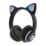 UXELY Girl Wireless Gaming Headset, Cute Cat Ear Headset with LED Lights, Noise Cancelling Stereo Gaming Headphones, Fashion Bluetooth 5.0 Headset for Kids & Adults Wearing