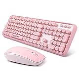 Pink Wireless Keyboard Mouse Combo, 2.4GHz Wireless Retro Typewriter Keyboard and Mouse Combo, Letton Full Size Wireless Office Computer Keyboard and Cute Mouse with 3 DPI for Mac PC Desktop Laptop