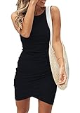 BTFBM Women Casual Dress Crew Neck Ruched Summer Sleeveless Tank Bodycon Shirt Short Mini Dresses (106Black, Medium)