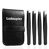 LUDOUPIER [4+1 Pieces] Tweezers Set with Travel Case, Great Precision Upgrade Professional Anti-rust Alloy Tweezers for Women & Men, Multi-purpose as Eyebrows Facial Hair Ingrown Hair Removal