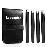 LUDOUPIER [4+1 Pieces] Tweezers Set with Travel Case, Great Precision Upgrade Professional Anti-rust Alloy Tweezers for Women & Men, Multi-purpose as Eyebrows Facial Hair Ingrown Hair Removal