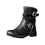 Fullwei Platform Boots for Women,Women Comfy Steel Toe Booties Western Combat Ankle Boot Casual Belt Buckle Side Zipper Motorcycle Riding Boot Walking Shoe (Black, 9.5-10)