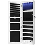 SONGMICS 6 LEDs Mirror Jewelry Cabinet, 47.2-Inch Tall Lockable Wall or Door Mounted Jewelry Armoire Organizer with Mirror, 2 Drawers, White UJJC93W