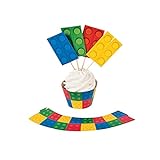 Fun Express - Block Party Cupcake Collars W/Picks for Birthday - Party Supplies - Serveware & Barware - Picks & Stirrers & Parasols - Birthday - 100 Pieces
